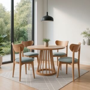 Juego de comedor para cuatro personas. Mesa y cuatro sillas fabricados en madera sólida de seike, color madera natural