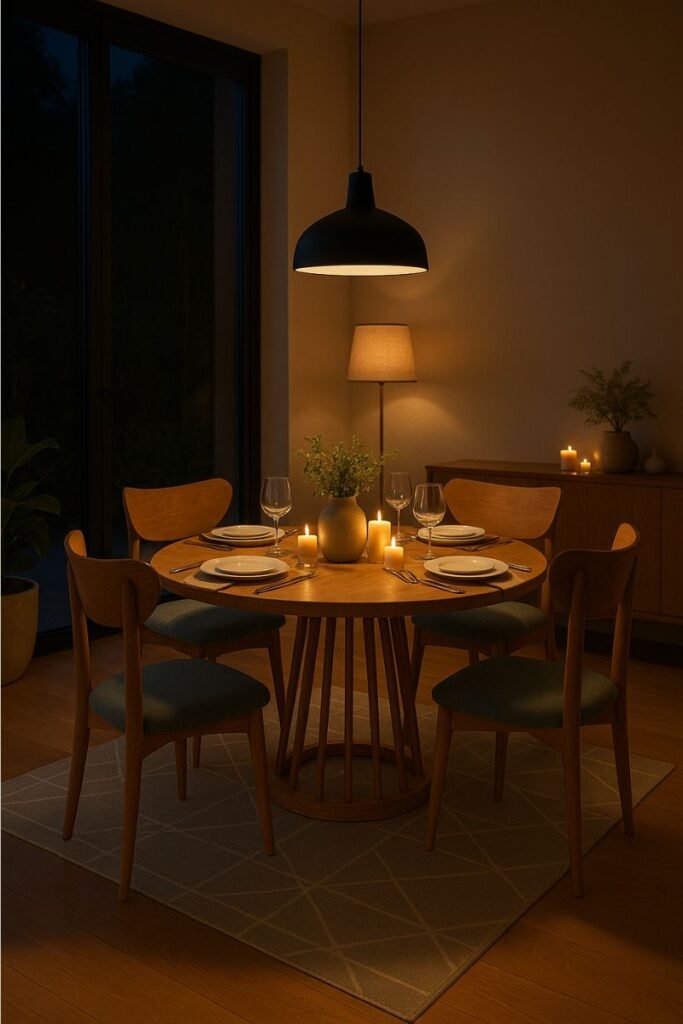 Juego de comedor para cuatro personas. Mesa y cuatro sillas fabricados en madera sólida de seike, color madera natural